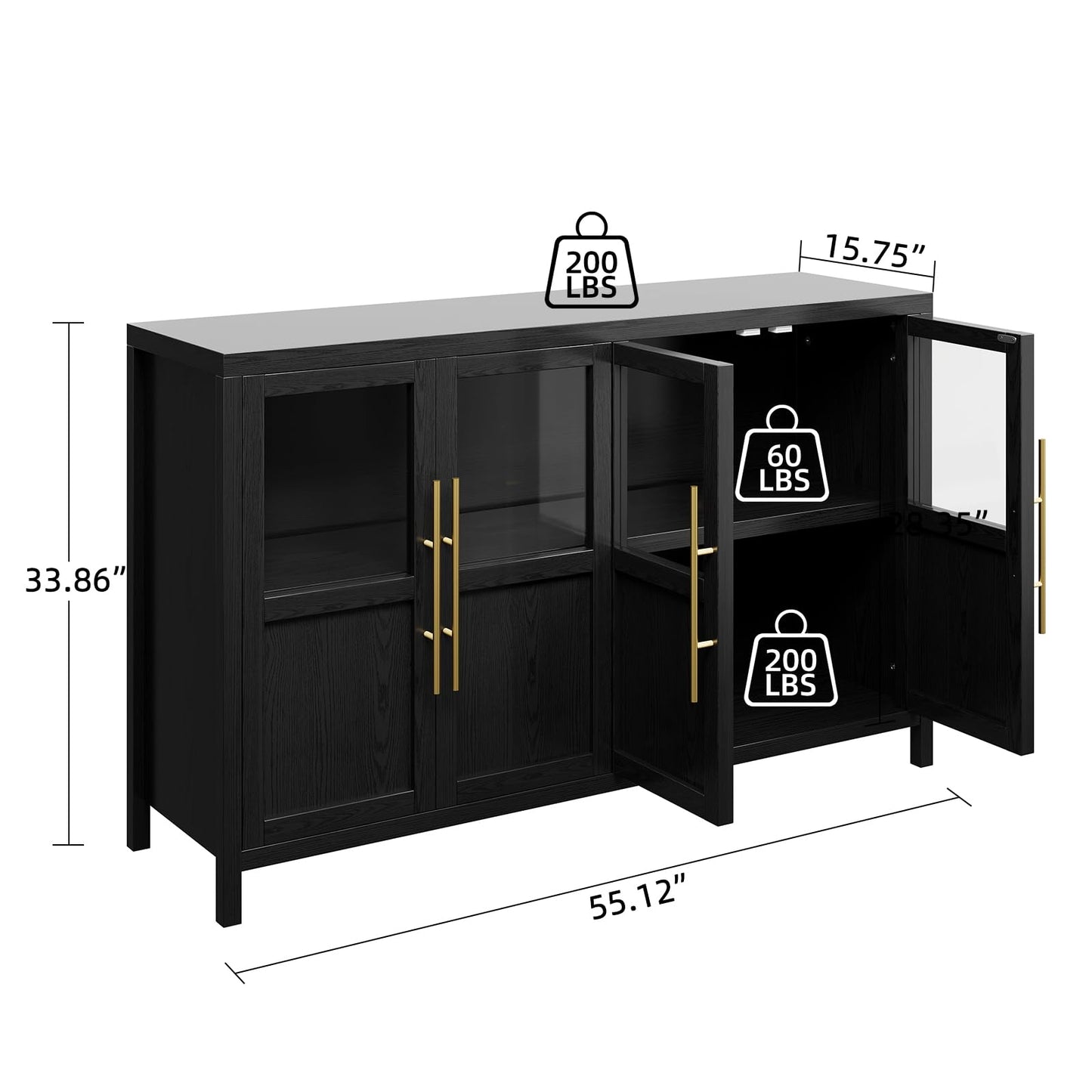 GarveeHome Sideboard Buffet Cabinet with 4 Glass Doors, 55 in Buffet Table Coffee Bar Wine Bar Display Cabinet for Kitchen Dining Room, Living Room (Glass with 4 Doors, Dark)