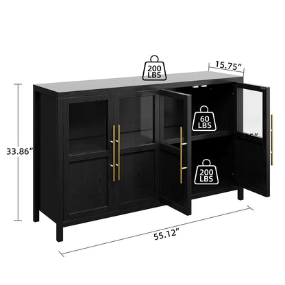 GarveeHome Sideboard Buffet Cabinet with 4 Glass Doors, 55 in Buffet Table Coffee Bar Wine Bar Display Cabinet for Kitchen Dining Room, Living Room (Glass with 4 Doors, Dark)