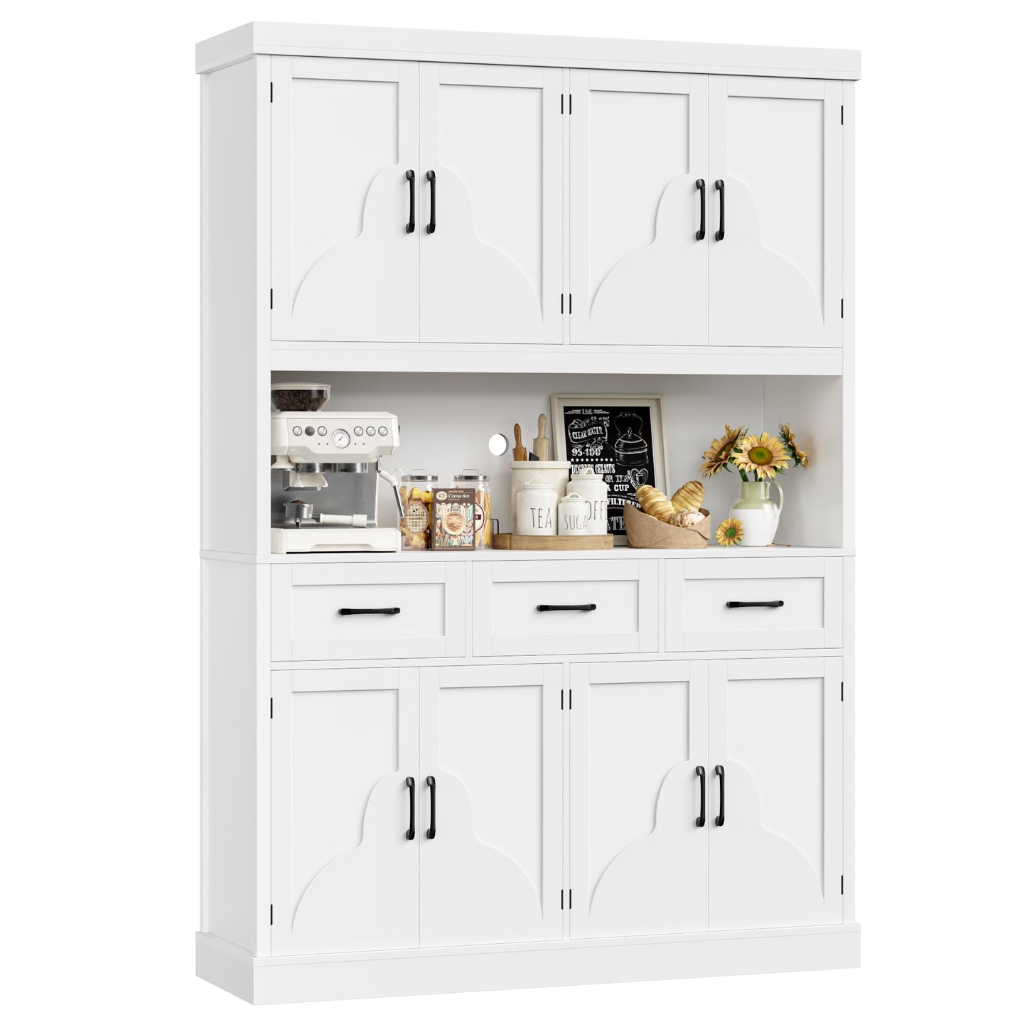 HITHOS 76" Tall Kitchen Pantry Storage Cabinet, 55“ Wide Kitchen Hutch Cabinet with Storage Drawers, Large Food Pantry with Microwave Stand, Modern Cupboard with Hutch for Dining Living Room, White