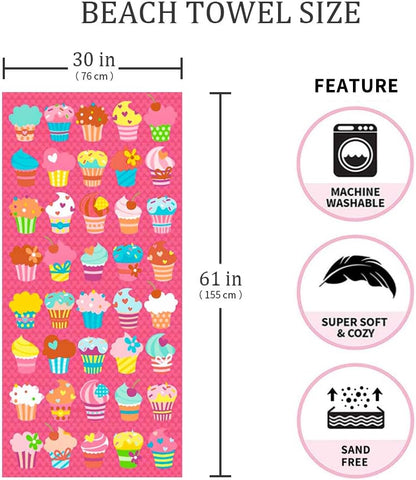 Microfiber Beach Towel Set - Oversized Large Quick Dry Soft Thin Sand Free Cute Ice Cream Design 30×60 inch Beach