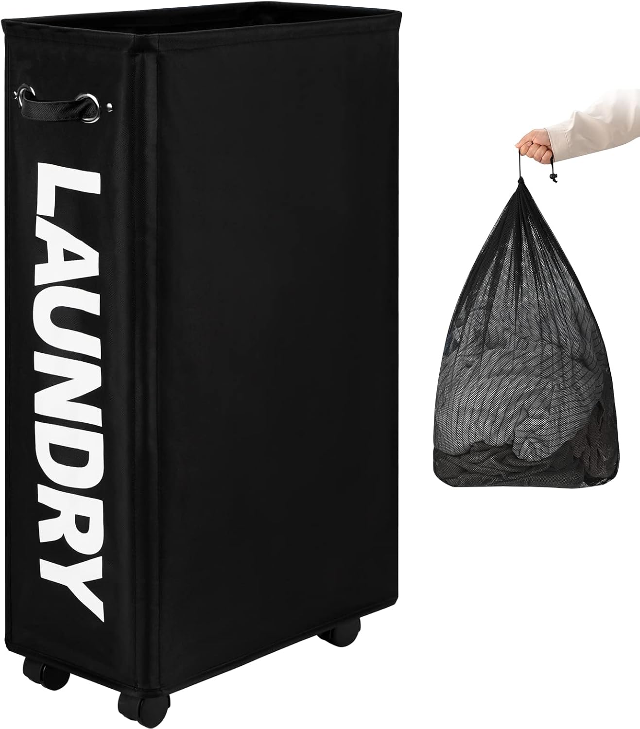 29-Inches DOKEHOM Enlarged Slim Laundry Basket with Removable Wash Bag on Wheels, Collapsible Rolling Laundry Hamper