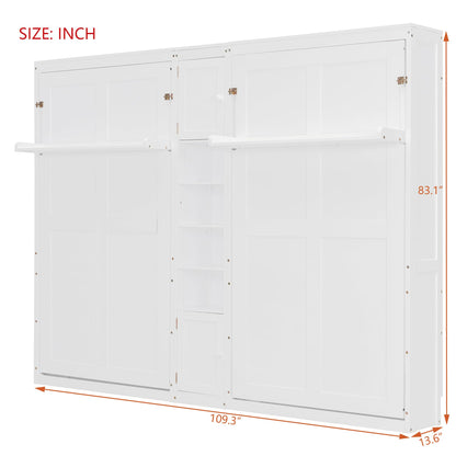 Merax Dual Twin Murphy Bed with Cabinets and Shelves, Space Saving Wall Bed with Storage, Foldable Twin Beds with Convertible Shelf Legs for Guest Room, Small Space, White