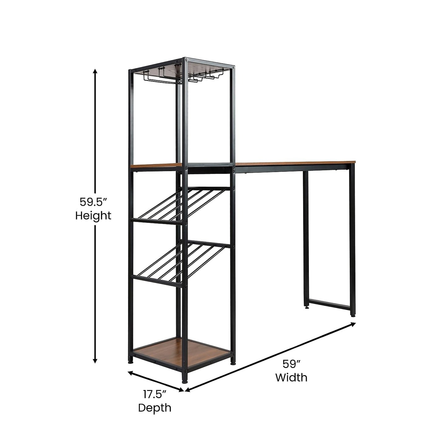 Flash Furniture Jura Metal Bar and Wine Table with Bottle and Stemware Storage, 2 Slanted Bottle Shelves, 3 Stemware Hangers, Waterproof Table Top, Black/Walnut