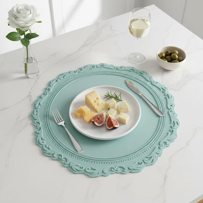 2 Pack Round Silicone Placemats Set, 13.38 Inch Diameter European Style Decorative Table Mats, Heat Resistant Waterproof Non-Slip Easy Clean Dish Mats for Dining Table & Kitchen Counter (Green)