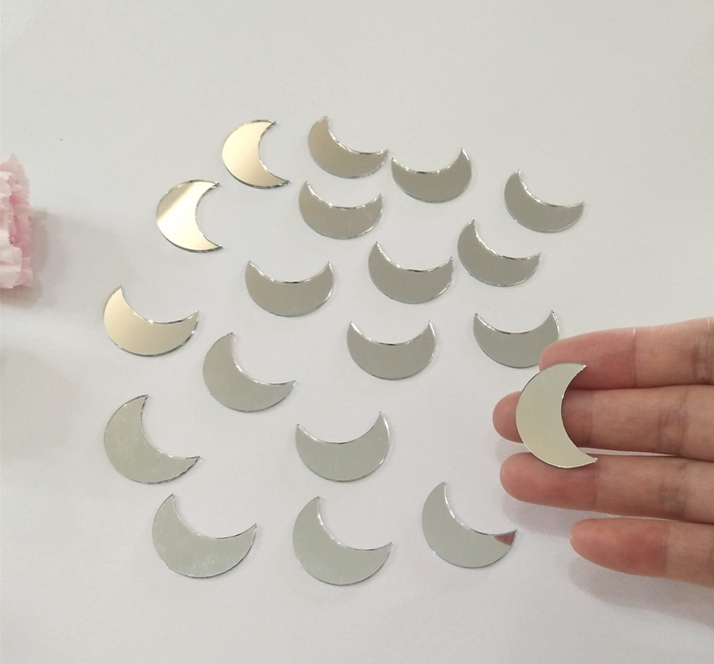 100pcs of Moon Shape Mirror Mosaic Tile,Mini Glass Mosaic Tile, Mirror Craft Mosaic DIY Tile for Art and Craft Wall Door Home Decorations Making Supplies (Silver Mirror)