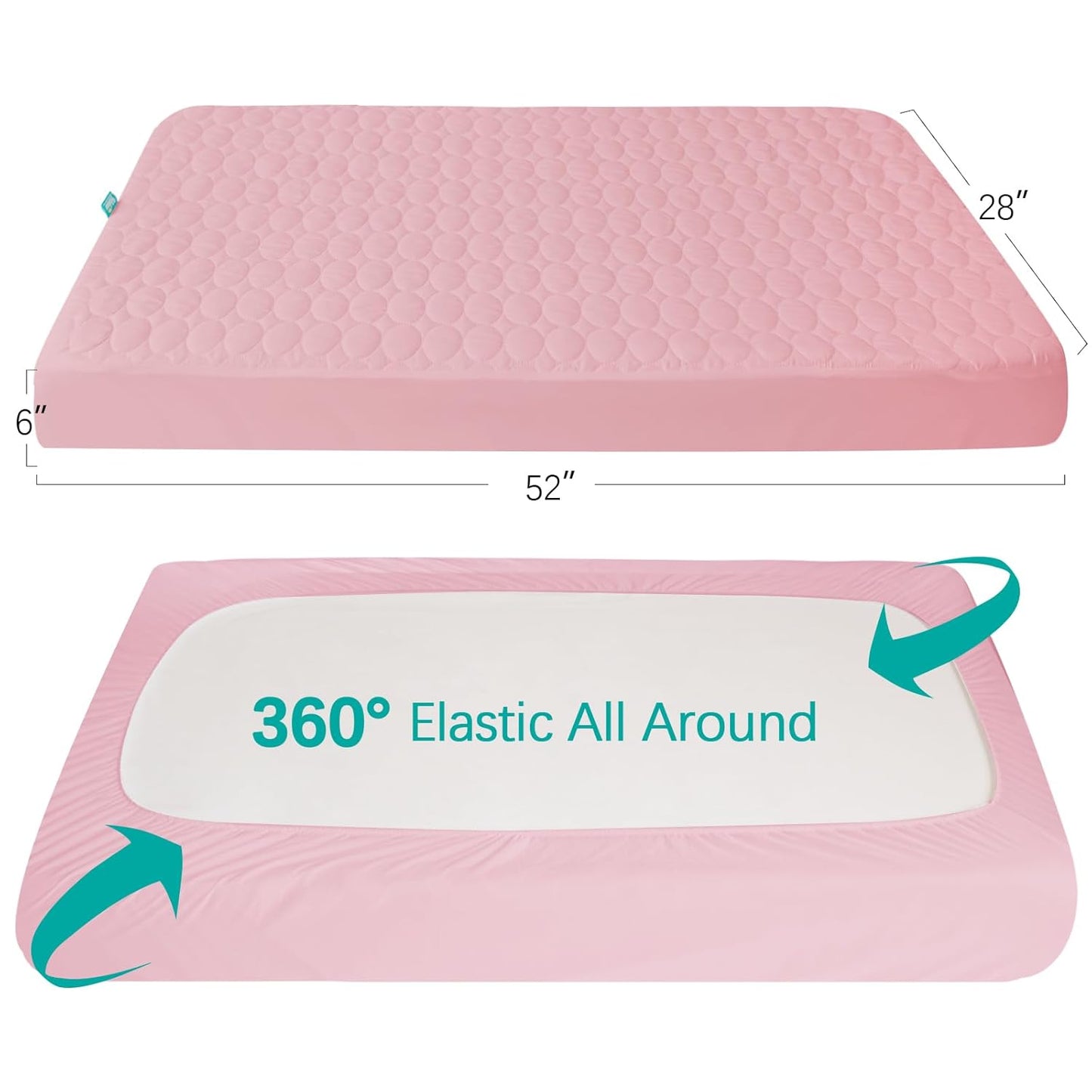 Skiennix Crib Mattress Protector Sheets - Waterproof Quilted Pad Cover for Baby & Toddler | Grey & Pink, 52” x 28”