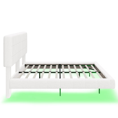 Christopher Knight Home Borden Floating Bed Frame Queen Size with Lights, Boucle Queen Size Platform Bed Frame with Headboard, Modern Floating Queen Bed Frame,No Box Spring Needed,Easy Assembly, White