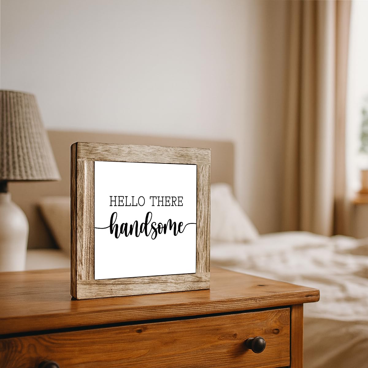 Farmhouse Inspirational Wooden Box Sign, Hello There Handsome Quote Sign, Rustic Motivational Decor for Tabletop, Funny Home Desk Decor for Living Room Office 5.9x5.9 Inches