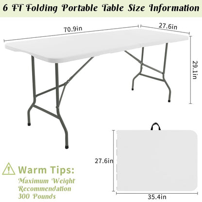 Fivenl 2 Pack 6 FT Folding Tables White Foldable Table, Fold-in-Half with Carrying Handle Portable Plastic Rectangular Table for Party, Dining, Wedding, Camping, Picnic, Indoor Outdoor Events