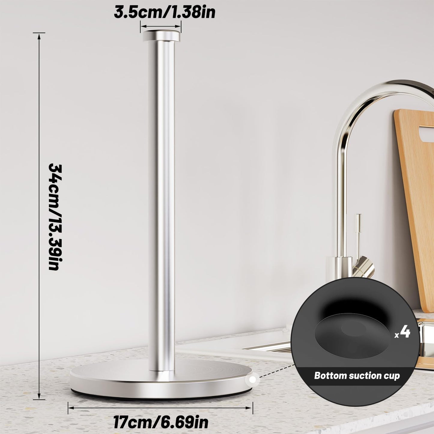 VEHHE Paper Towel Holder Countertop, Stainless Steel Paper Towel Holder Stand with Weighted Base Suction Cups, Standing Paper Towel Roll Holder for Kitchen Bathroom (Silver)