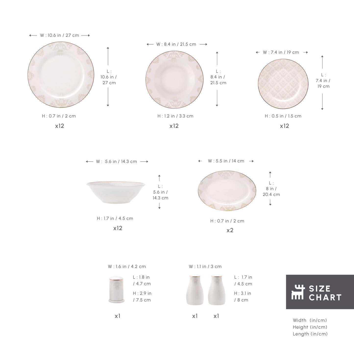 Karaca Siena 53-Piece Porcelain Plates and Bowls Set with Dinner & Dessert Plates, Shakers - Bone China Dishware Sets - Kitchen Dinnerware Set for 12 People
