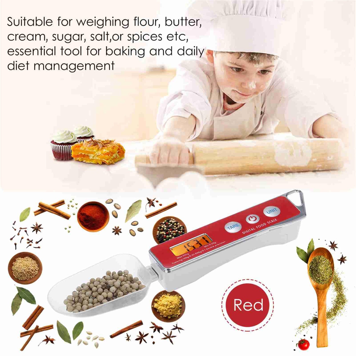 Kitchen Digital Measuring Spoon Food Scale, Digital Spoon Scale Electronic Measuring Spoon Scale Kitchen Food Tare Capacity 0.05g to 500g g, Digital Food Measuring Scoop Scale for Cooking (Red)