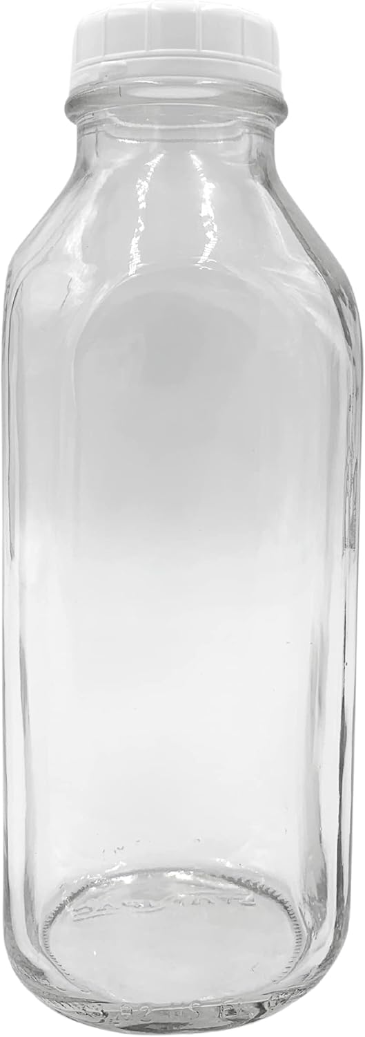 The Dairy Shoppe 1 4 Pack 33.8 Oz Ltr. Glass Milk Bottle with Cap. Square Style