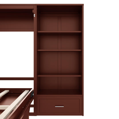 Merax Queen Murphy Bed with 3 Height Adjustable Storage Shelves & 1 Drawer, Wall Bed Frame Multifunctional Foldable Platform Bed for Small Space, Bedroom, Guest Room, Bear 500LBS (Walnut)