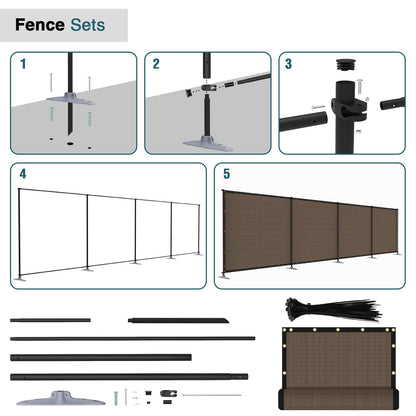 ECOOPTS Privacy Fence Set with Poles and Rails Ground Spikes Fence Kit for Garden Patio Pool Yard (5'Hx12'L, Brown)