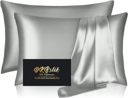 Skiennix Silk Pillowcases - 2 Pack Standard Size | Smooth, Anti-Acne Natural Silk in Silver Grey