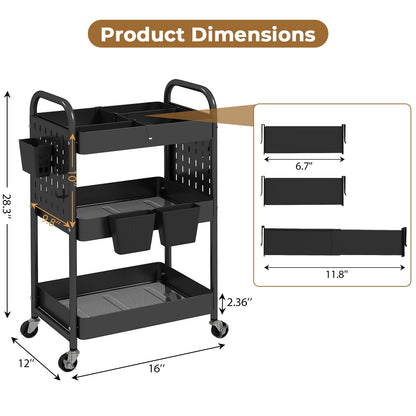 danpinera Craft Cart, Black Rolling Cart with Retractable Dividers & DIY Pegboards for Kitchen, Bedroom, Laundry
