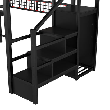 KEIKI Full Size Loft Bed with Storage Stairs, Wardrobe & Desk, Metal Loft Bed with Light, USB Ports, Guardrails, Storage Shelves, Space Saving Frame with High Guardrails for Kids Teens Adult, Black