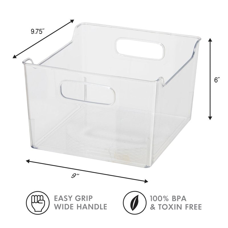 Oggi Storage Bin With Handles - Deep (9.75" x 9" x 6") - Ideal for Kitchen Organization, Pantry Storage, Fridge Organizing, Clear