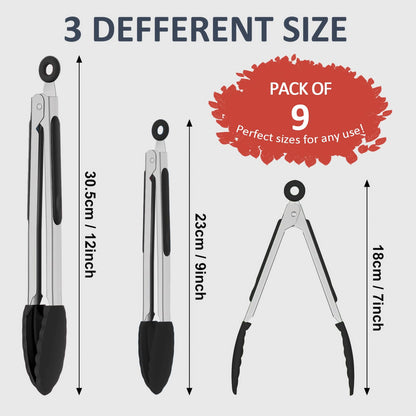 9 Pieces Silicone Tongs for Cooking 7,9,12 inches Kitchen Tongs with Silicone Tip Stainless Steel Heat Resistant Cooking Tongs for Food Grill Salad BBQ Frying and Serving, Black