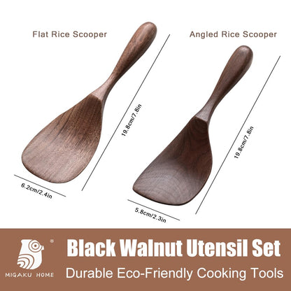 MIGAKU HOME Black Walnut Wooden Cooking Spoons Set - 1 Flat + 1 Angled Rice Scooper, Durable & Eco-Friendly for Cooking & Serving - Perfect for Kitchen Enthusiasts and Gourmet Lovers