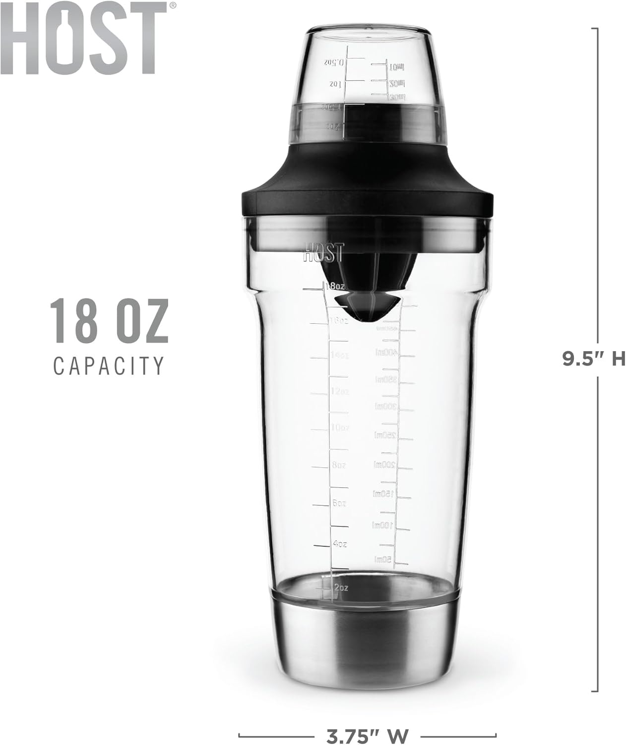 Host All in One Cocktail Shaker Set with Measurements, Reamer, Bottle Opener, Strainer, Jigger, 18 oz