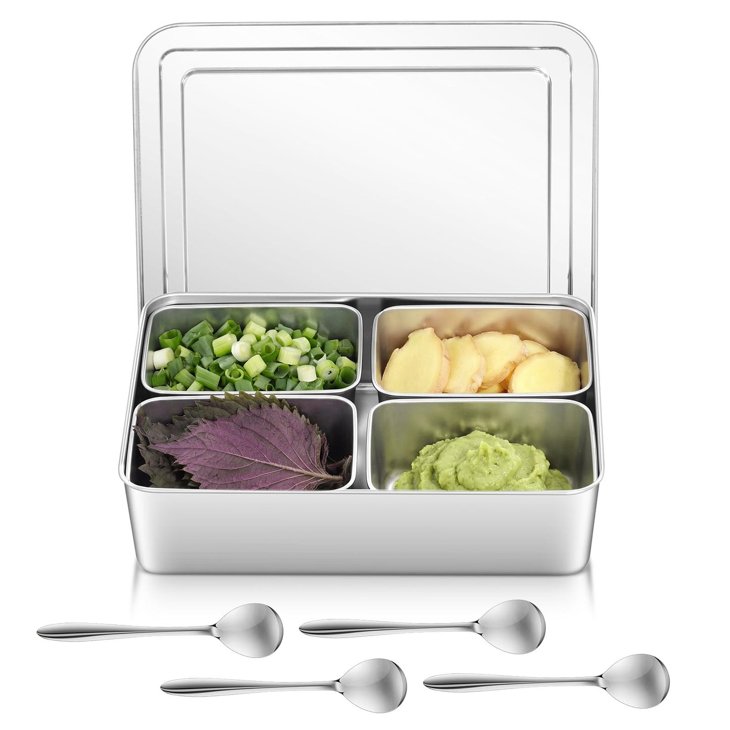 Boao 4 Compartment 304 Yakumi Pans Stainless Steel Seasoning Condiment Container with Lids Spoons, Japanese Yakumi Pans Mini Sauces Salad Dressings Storage for Food, Herbs, Spices