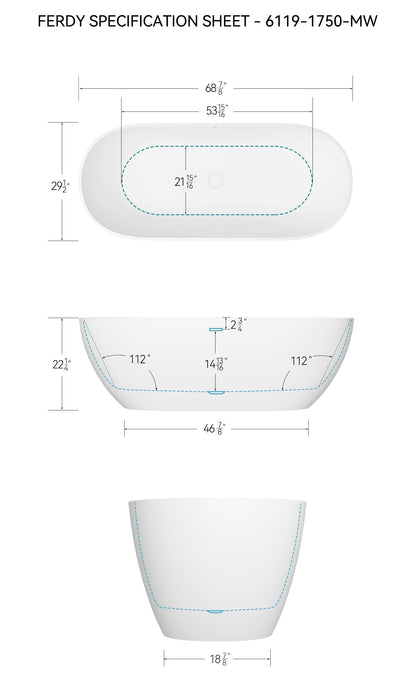 FerdY Fiji 69" Stone Resin Freestanding Bathtub, Classic Oval Shape Soaking Bathtub, Solid Surface Soaking Tub, cUPC Certified, Integrated Slotted Overflow and Matte White Pop-up Drain