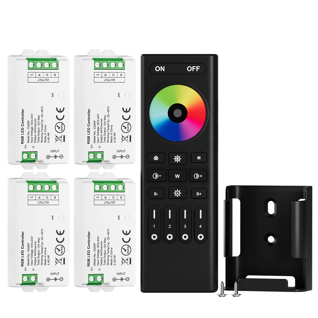 BTF-LIGHTING 5050SMD FCOB COB Dimming RF 2.4GHz Wireless Remote RC01RFB &4PCS C01RF Tuya Controller Kit 4 Zones Group Control PWM Single Color (+V -V) 2pin LED Neon Rope Light DC5V DC12V DC24V