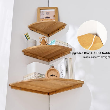 7inch Corner Shelf Wall Mount, Oak Wood Floating Corner Shelf Round End Small Corner Nightstand Plant Shelf Wall Mount