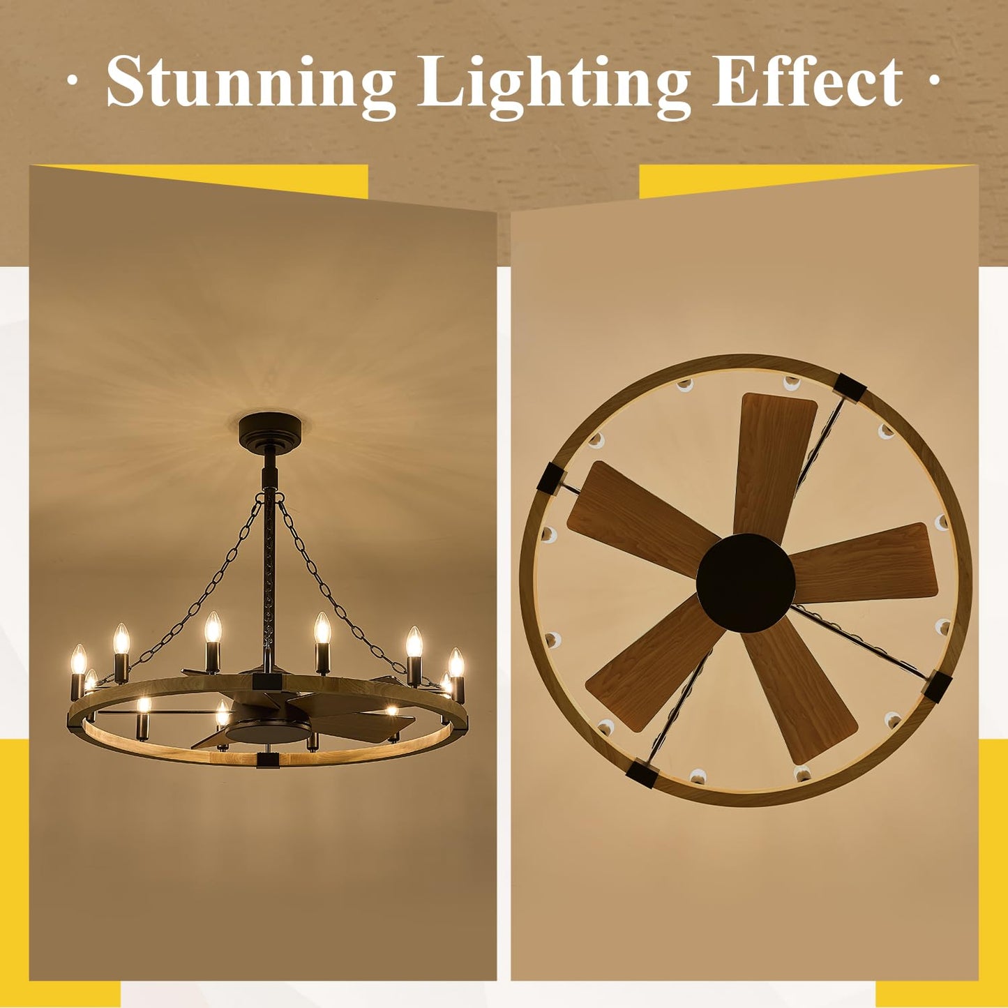 Natural Farmhouse Wood Wagon Wheel Chandelier Fans with 12 Lights and Remote, Rustic Wooden Ceiling Fan Light 36in Fandelier for Bedroom Dining Room Kitchen Living Room