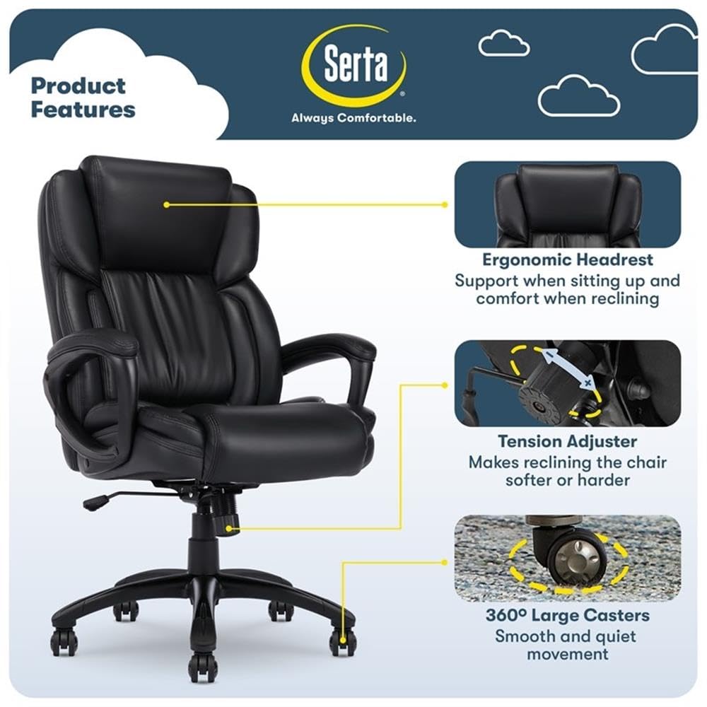 Pemberly Row Executive Office Chair, Space Black Bonded Leather Upholstery, Adjustable Ergonomic Design with Lumbar Support, Padded Armrests, Heavy-Duty Base, Rolling Casters, Home or Office Use