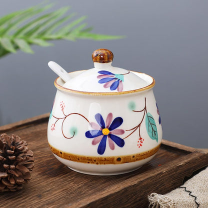 Cute Hand-painted Ceramic Sugar Bowl, Seasoning Jar, Blue Floral Pattern, 320ml for Kitchen Decor