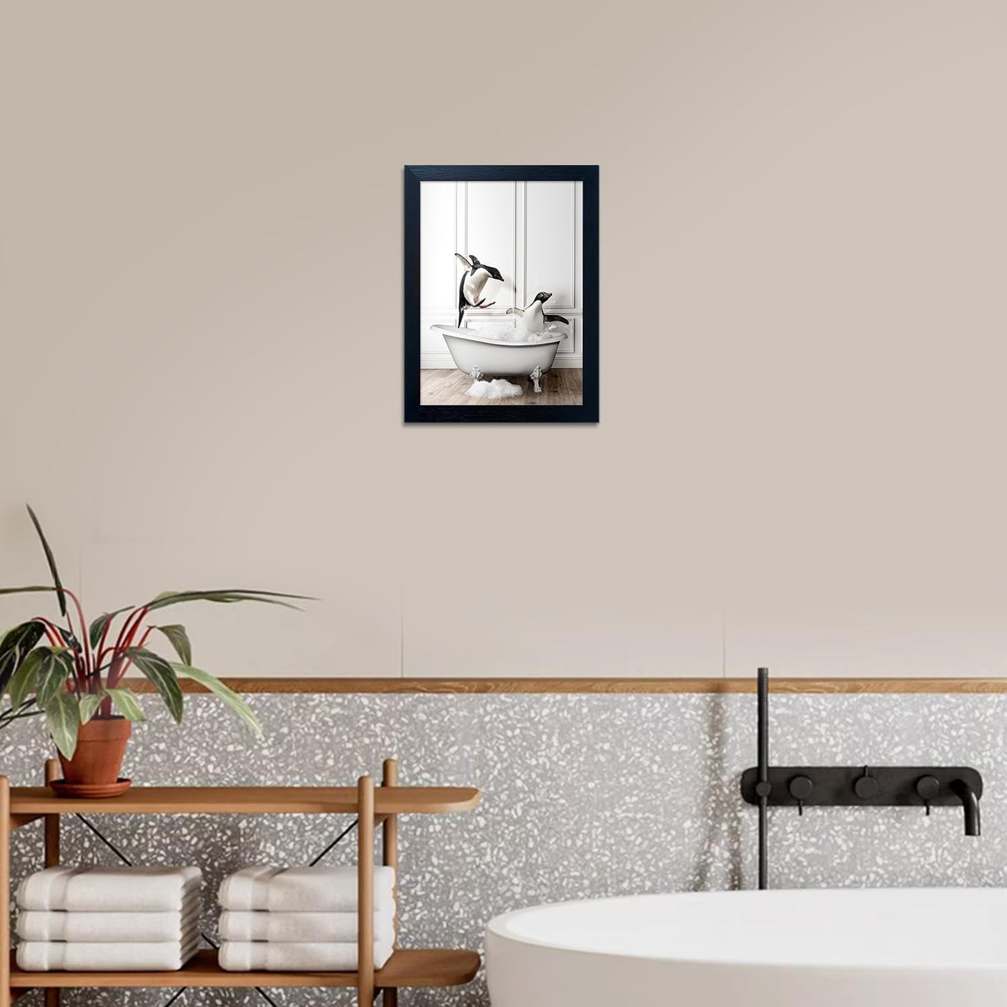 Bathroom Picture Wall Decor, Framed Black and White Bathroom Wall Art, Toilet Paper in Little Funny Raccoon's Hand Animal Canvas Print Painting