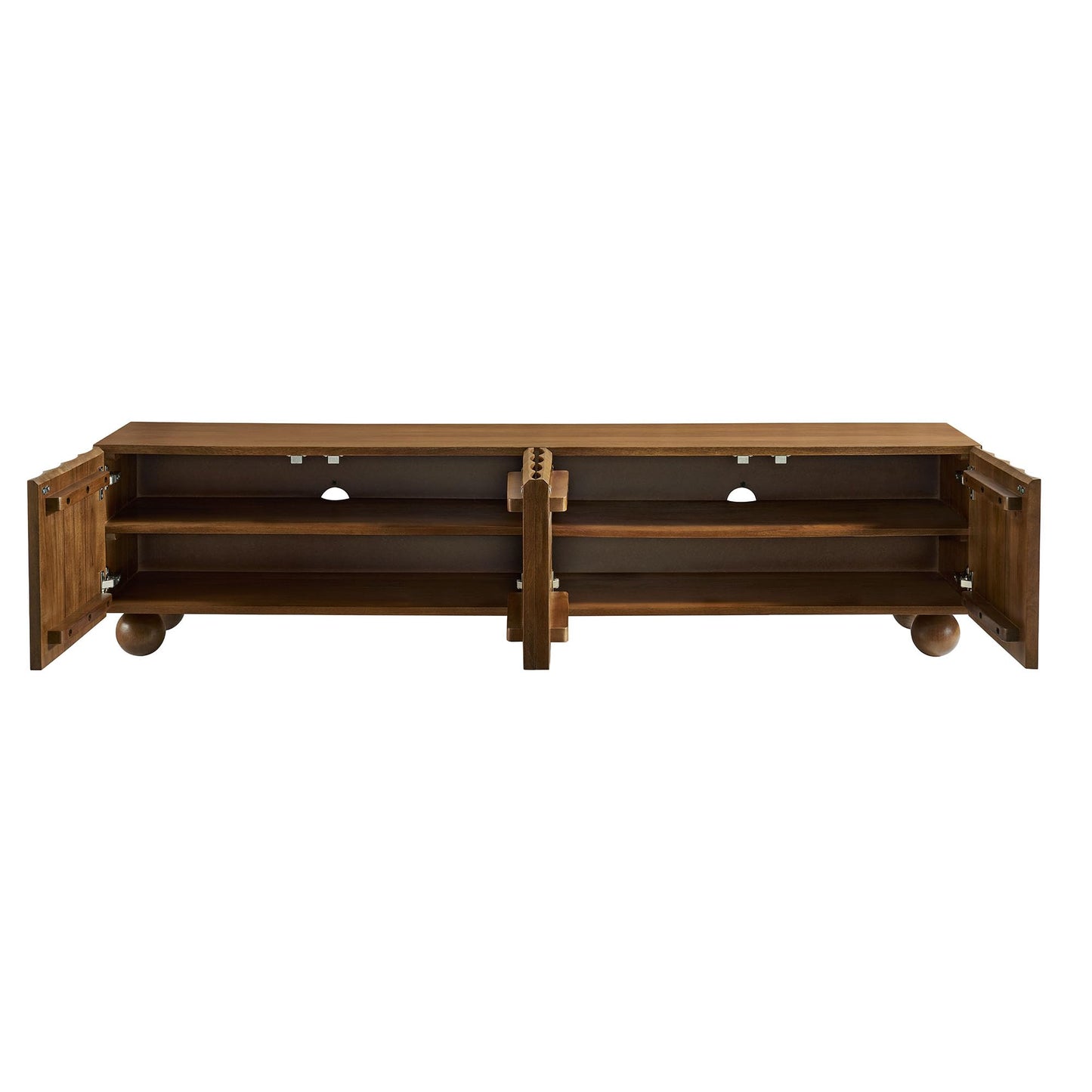 Modway Sorren 71 Inch Scalloped TV Stand in Walnut – 4 Door Media Console Cabinet – Modern Storage TV Stand with Doors