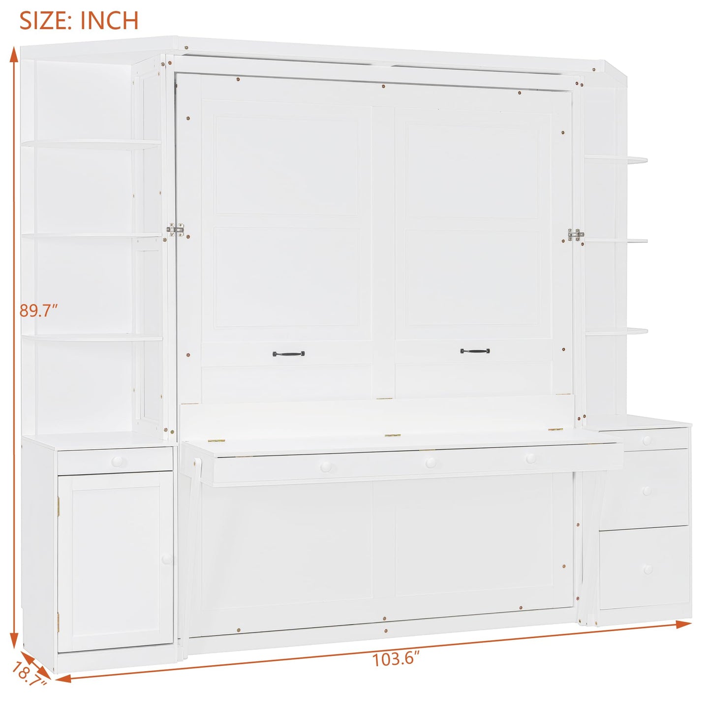 Merax Queen Murphy Bed with Desk and Storage, Hidden Wall Bed with Foldout Workstation, Shelves and Cabinets for Space-Saving Home Office, White