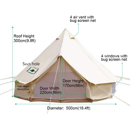 PlayDo 5M/16.4ft Waterproof Cotton Canvas Wall Tent Bell Yurt with Stove Flue Kit for 6-8 Person Camping Hiking Hunting Festival Party