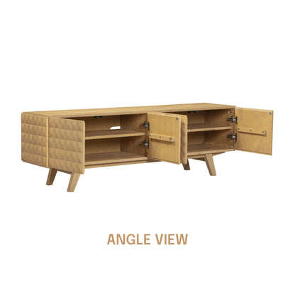 NTC Sapa Mid-Century Modern Solid Wood TV Stand 4-Door Media Console with Carved Geometric Fronts for TVs up to 75", Effortless Assembly, Sand