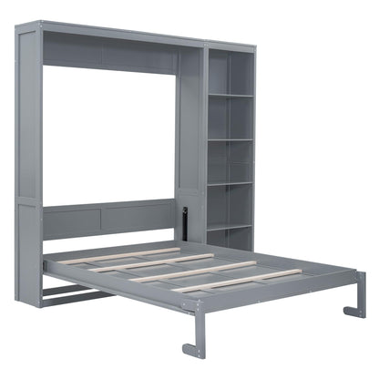 Merax Space-Saving Gray Murphy Bed Queen Size with Adjustable Storage Shelves, Multifunctional Foldable Wall Bed for Small Spaces Studio Study Office Guest Room