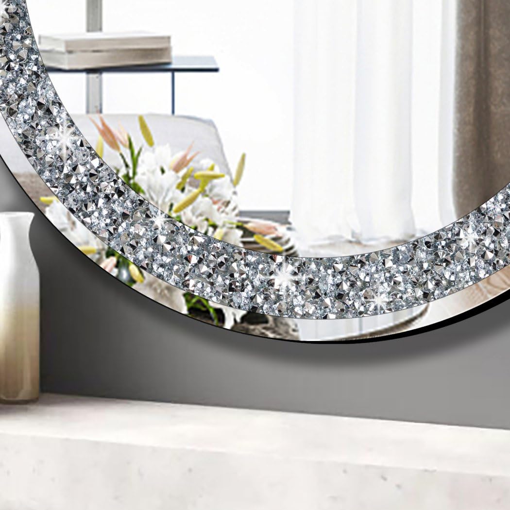 QMDECOR Round Wall Mirror 28x28 inch Crystal Crush Diamond Decor for Home Decoration Silver Mirror.