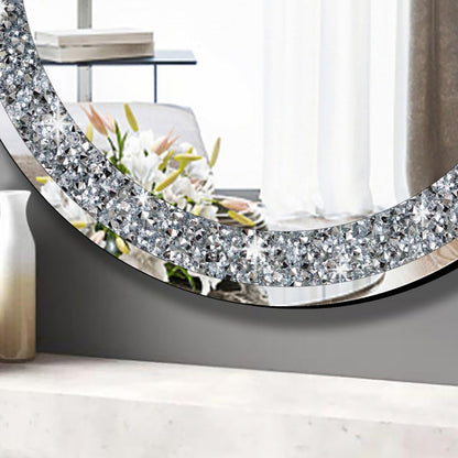 QMDECOR Round Wall Mirror 28x28 inch Crystal Crush Diamond Decor for Home Decoration Silver Mirror.