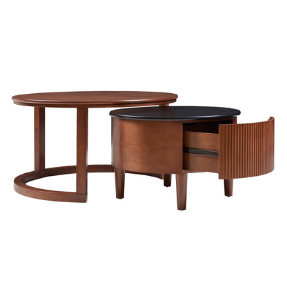 Merax 31.5'' Vintage Round Nesting Wood Coffee Table Set, 2-Tier with Drawer & Storage, Two-Tone Finish Fluted Design for Living Room Apartment, Walnut+Black