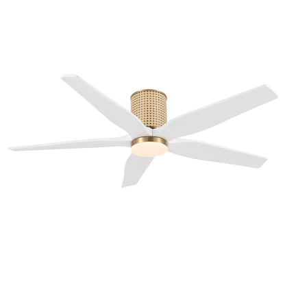 LEDLUX 54" Ceiling Fan with Light - Low Profile Flush Mount Ceiling Fan, 6-Speed Remote Control, Solid Wood, Quiet Reversible DC Motor, White/Gold Finish, for Bedroom, Living Room, Porch