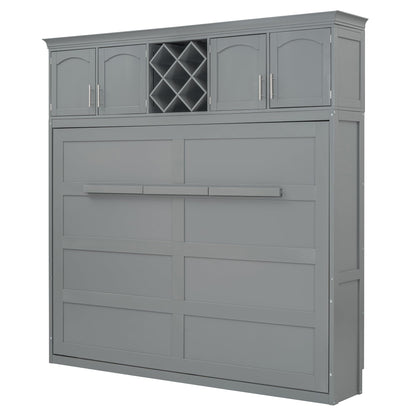 Merax Queen Size Murphy Bed, Foldable Wall Bed with Storage Cabinet, Dual Piston Metal Mechanism & Wooden Slats, No Box Spring Needed, Space-Saving for Small Apartment, Studio, Guest Room, Gray
