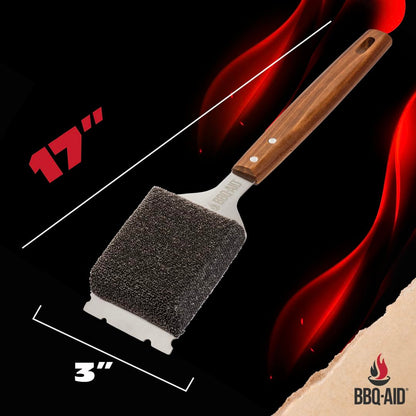 BBQ-AID Bristle Free Grill Brush and Scraper for Barbecue - Extended Large Wooden Handle with Replaceable Head - No Scratch BBQ Cleaning Accessories for Outdoor Grills