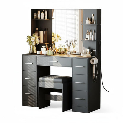 7-Drawer White Vanity Desk with Lighted Mirror & Dimmable LED Lights,Makeup Vanity Set with Power Outlets & USB Ports, 3 Color Lighting Modes, Cushioned Stool & Hair Dryer Holder, Dressing Table for