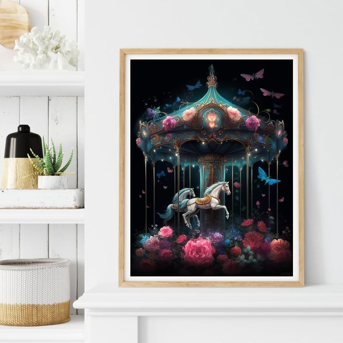 YEEIFFD Adults Diamond Painting, Nice Carousel Diamond Art Kits Round 5D Flower Gem Art Kits DIY Crafts Kits Gift for Girl's Room Decor Wall Decor 12x16 inch