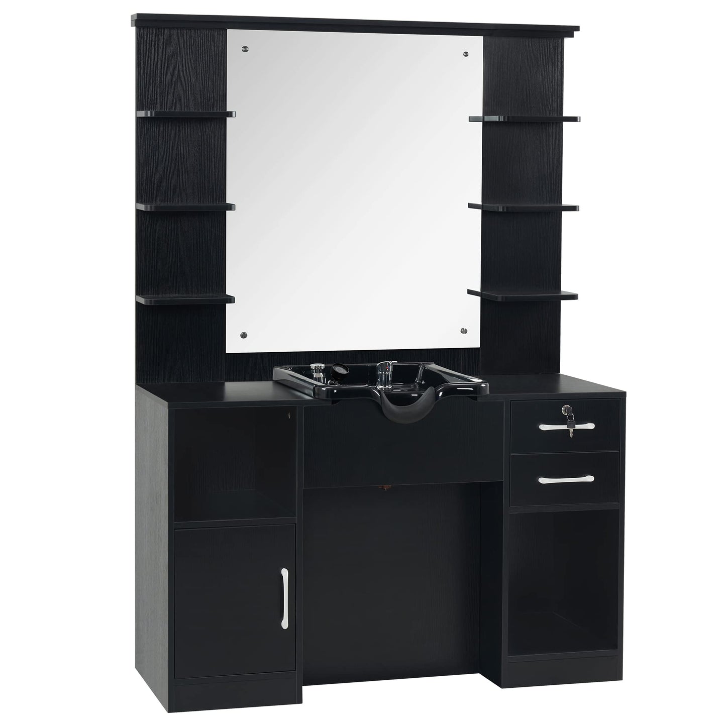 BarberPub Wall Mount Storage Station with Mirror Shampoo Bowl High-end Styling Beauty Salon Furniture Set 3145 (Black)