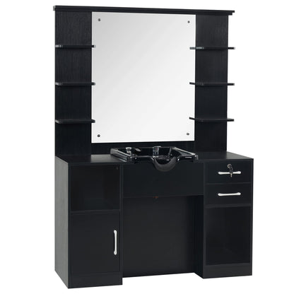 BarberPub Wall Mount Storage Station with Mirror Shampoo Bowl High-end Styling Beauty Salon Furniture Set 3145 (Black)
