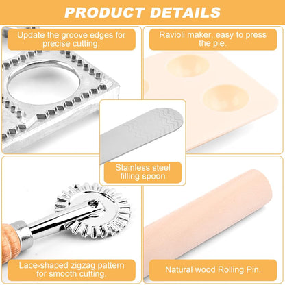 Ravioli Press Mold Set, 12 Holes Ravioli Maker Press,1 x Pasta Cutter Stamp Maker, 1xWood Rolling Pin Pasta Making Tools,1x Filling Spoon,for Ravioli, Dumpling,Hand Pie